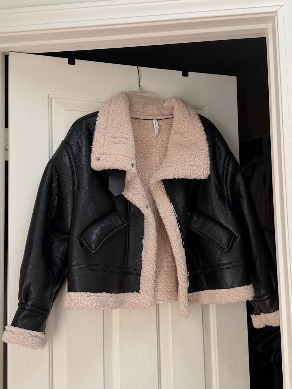 Avantlook Black Faux Leather Teddy Jacket with Cream Sherpa